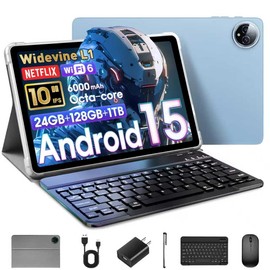 Android 15 Tablet 10 Inch, 24GB RAM+128GB ROM/1TB Expandable Tablet, 2 in 1 Tablets with Keyboard Case Mouse Stylus, 1.8GHz Octa-core CPU, 1280x800 IPS HD Screen, WiFi 6, BT 5.4, 5+8MP Camera