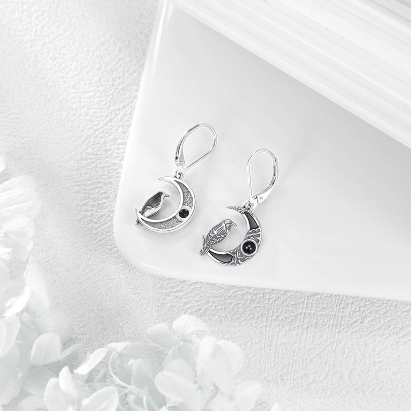 Raben-Ohrringe aus 925er Sterlingsilber mit schwarzem Onyx, Mond- und Krähen-Anhänger,