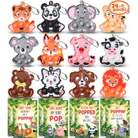 Qinline 24 Pack Valentines Day Gifts for Kids - Woodland Animal Pop Fidget Toy with Gift Cards for Kids Boys Girls, Bulk Kids Valentines Party Favors School Classroom Prizes Exchange Goodie Bags Gift