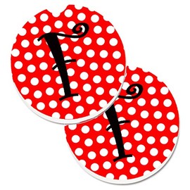 Caroline's Treasures Letter F Initial Monogram Red Black Polka Dots Set of 2 Cup Holder Car Coasters CJ1012-FCARC, 2.56, Multicolor