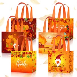 ALIBBON 6 Pcs Fall Gift Bags with Handles, 3 Designs Pumpkin Gnome Reusable Non-woven Tote Bags, Fall Grocery Bags Thanksgiving Gift Bags for Cookie Candy Gifts Wrapping Party Supplies 8×8×6 Inch
