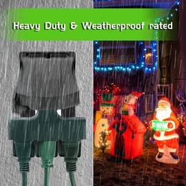 QITIM Outdoor Plug Extender, 3 Outlet Splitter with Safe Cover, Heavy Duty Waterproof Multi Plug for Christmas & Holiday Decorations, 1875W/15A ETL Listed, Green, 2 Pack