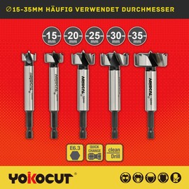 YOKOCUT Forstner Drill Bit Set, Forstner Drill Bit for Wood, Wood Drill Diameter 15-35 mm, 5-Piece Forstner Drill Bit with Hexagonal Shank, Milling Drill Wood, Pot Drill, Hole Drill, Plastic Drill Bit