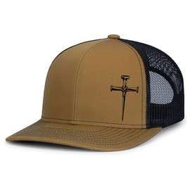 Men's Christian Faith Cross Nails Embroidered Mesh Back Trucker Hat, Caramel/Black