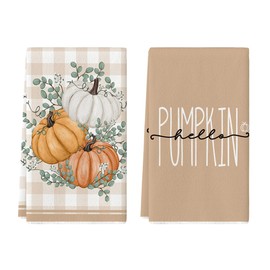 Artoid Mode Eucalyptus Leaves Hello Pumpkin Fall Kitchen Towels Dish Towels, 18x26 Inch Seasonal Decoration Hand Towels Set of 2