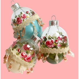 Elegant Artist Hand Painted Pink Roses Victorian Decor Hanging Clear Glass Easter Egg Ornaments Set of Three with Crystal Rhinestones Fabric Trim and Dangling Beads Spring Decorations
