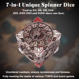 DND Spinner Dice - 7-in-1 Metal Dice Set with 3D Relief Dragon Design | Unique Spinner Design for Dungeons & Dragons | Fantasy RPG Polyhedral Dice Set for D&D Players & DM (Blood-Stained Silver)
