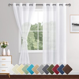 XWZO White Sheer Curtains Semi Transparent Eyelet Top Linen Look Voile Panels/Drapes/Treatment for Bedroom Living Room,W52*L63，Set of 2