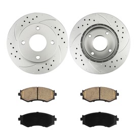 Drilled and Slotted Front Brake Kit Rotors Ceramic Brake Pads for Nissan 2000-2006 Sentra 1.8L(10.11”, 256.8mm)