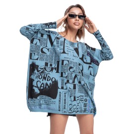 ellazhu Women's Off-Shoulder Long-Sleeved Cute Newspaper Printed Pullover Oversized Sweater Shirt GY2753 Blue