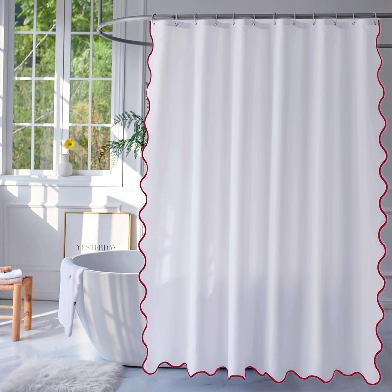 youngseahome White Fabric with Red Scalloped Border Shower Curtain,Boho Chic