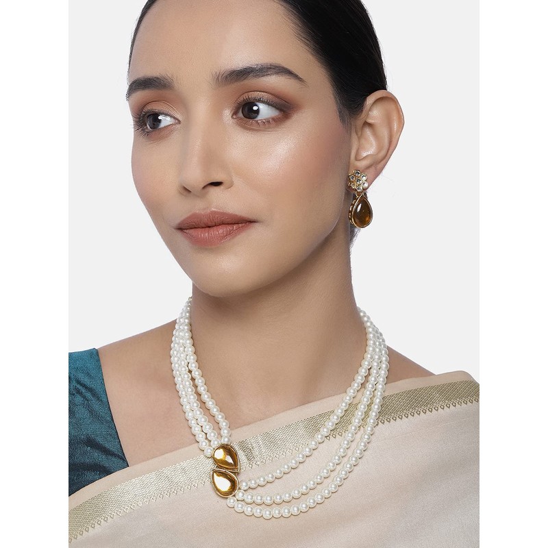 Aheli Pearl Mala Collar de oro con pendientes para mujeres