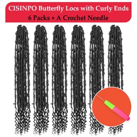 CISINPO Butterfly Locs with Curly End 36 Inch, 6 Packs Boho Distressed Locs Crochet Hair, Bohemian Goddess Faux Butterfly Braids with Wavy Ends (1#, Jet Black)