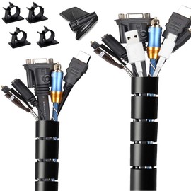 Fanoshon Computer Cable Sleeve Cord Management Organizer Large Black Wire Wrap Tube Under Desk Cord Covers Protectors Pets Chew Proof (1.1 inch and 7/8 inch) 5 Feet Long, TV Office Wire Wrap Solutions
