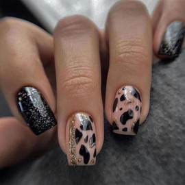 ANDGING Black Press on Nails Short Square Fake Nails with Glue Acrylic Glue on Nails with Glitter Leopard Design Gel Manicure False Nails for Wedding Birthday Stick on Nails for Women 24Pcs KAM668