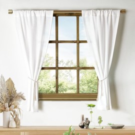 Oindec aux Linen Kitchen Curtains 45 Inch Length Cafe Curtain Tiers for Living Room Basement Bathroom Windows Country Rustic Small Short Curtains, Set of 2, White