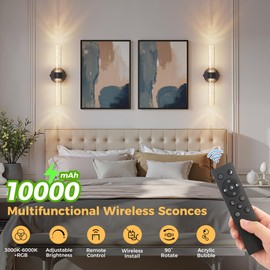 DORESshop Battery Operated Wall Sconces Set of 2, 10000mAh Rechargeable Wall Sconce with Bubble Crystal, 9 Color Dimmable Wireless Wall Sconce, Sconce Wall Decor for Living Room, Bedroom, Black 18in