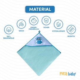 MEA BABY Towel with Hood, 100% Cotton, 80 x 80 cm, Hooded Towel for Girls and Boys, Soft and Super Absorbent Baby Towel with Hood, turquoise