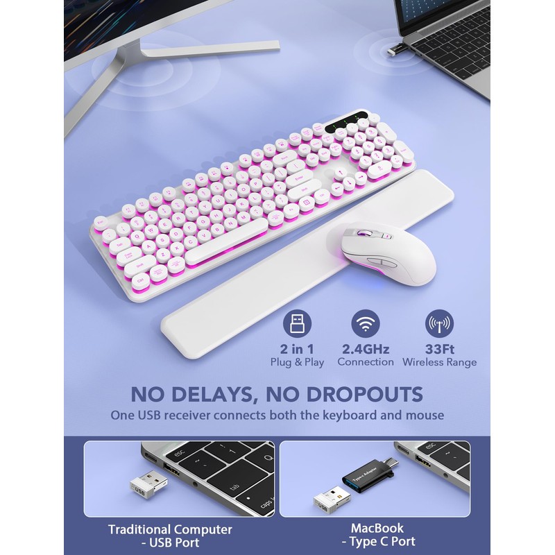 Wireless Keyboard and Mouse Backlit - Typewriter Keyboard with Retro