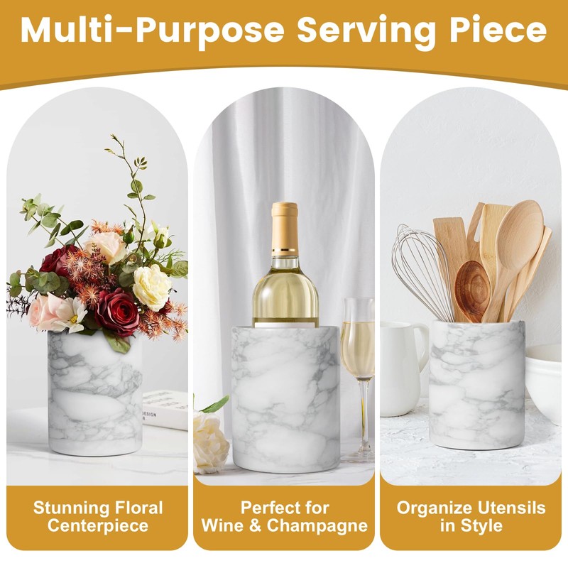 Natural White Marble Wine Chiller Bucket - Handcrafted Cylinder Cooler