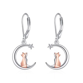 Fox Earrings 925 Sterling Silver Moon Fox Leverback Drop Dangle Earrings Origami Fox Jewelry Gift for Women