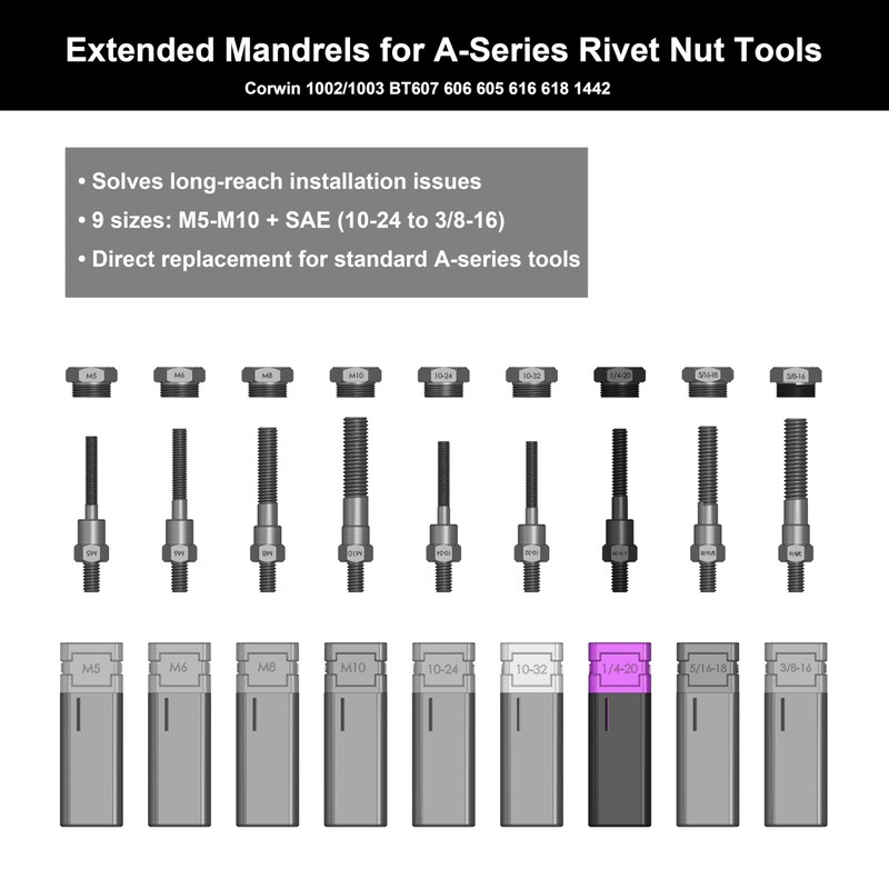 CORWIN 1/4-20 Extended Rivet Nut Gun Mandrels and Nosepiece Set,