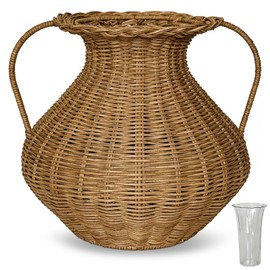 Handwoven Natural Rattan Flower Vase, Wicker Basket with Acrylic Liner, Double-Handle Nordic Style Vessel for Fresh & Dried Flowers, Rustic Farmhouse Decorative Pot for Boho Home Tabletop