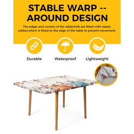 Fitted Tablecloth for 5 ft Table,Fall Eucalyptus Thanksgiving Watercolor Pumpkin Fitted Elastic Edge Table Cover for Rectangle Tables,Farm Harvest Retro Linen Waterproof Table Cloth for Kitchen