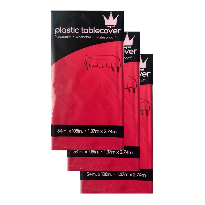 ROYAL7 3 Pack Red, Rectangle Disposable Plastic Tablecloth for Picnic,