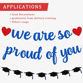 ANFEST 2025 Graduation Banner, Pre-Strung We Are So Proud of You Garland for Congratulation Graduation Party, NO DIY Black and Blue Glittery Letter Hat Sign for School Classroom, Home Party