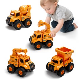 Lovinkiki Construction Truck Toys for Toddlers 1-3, Push and Go Toy Vehicles Set with Mixer, Dump Truck, Excavator, Bulldozer, Friction Powered Cars for Boys and Girls, Gift for 2 3 4 5 Year Old Kids