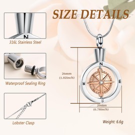 Minicremation Compass Cremation Jewelry for Ashes Funeral Ashes Pendant Locket Keepsake Urn Necklace for Women Men(Rose Gold)