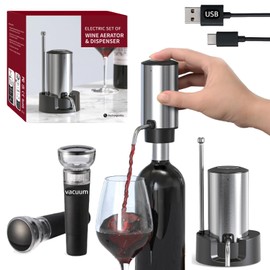 Saraudy Rechargeable Electric Wine Aerator and Dispenser Set, Electric Wine Decanter with 2 Vacuum Wine Stoppers, Charging Base, Stainless Steel, Wine Pourer