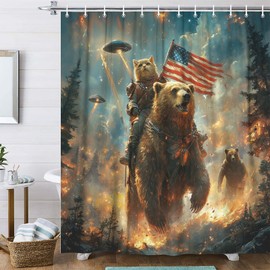 Funny Bear Shower Curtain for Boys Kids, Cool Cat Riding Bear on Rustic Cabin Forest Woodland Hilarious Shower Curtain, Funky Anime UFO Spaceship Animal Shower Curtain Fabric 12PCS Hooks, 70X70IN