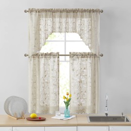 HLC.ME Joyce Semi Sheer Kitchen Swag Curtain Panels - Rod Pocket for Small Windows, Kitchen & Bathroom - 30 W x 36 L (Linen Taupe, Set of 2)