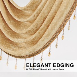 ELKCA Gold Chenille Waterfall Valance for Living Room, Single Hollow Swag Valance for Kitchen, Bedroom Curtains, Rod Pocket, 1 Panel