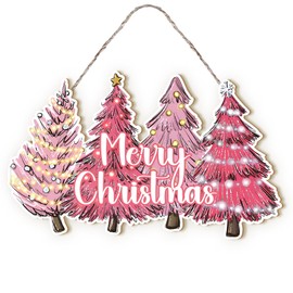 MOTERMATE Pink Christmas Tree Sign Decor, Pink Christmas Decor, Rustic Christmas Front Porch Door Decor, Merry Christmas Wall Hanging Decor, Christmas Outdoor Signs for Bedroom Girls Room, 8x10 Inch