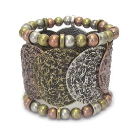 Fashion Jewelry ~ Burnished Metal Disc and Ball Wide Stretch Bracelet for Women Casual