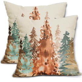 Fall Pillow Covers 18x18 Set of 2 Rustic Style Watercolor Tree Brown Blue Orange Autumn Color Nature Themed Forest Print Decorative Throw Pillows Outdoor Linen Cushion Case Decor for Sofa Couch Bed