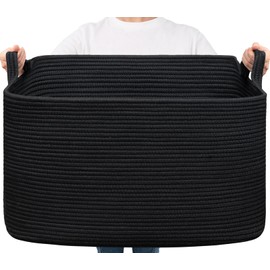 Goodpick Extra Large Storage Basket, 23.6" x 15.7" x 13.8" Rectangle Cotton Rope Basket for Blankets, Pillows, Toys, Woven Dirty Clothes Baskets for Laundry, Black