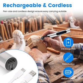 Electric Engraving Pen with 33 Pcs Burr Bits, 5 Pcs Stencils, 3 Adjustable Speed Settings, Rechargeable Cordless Professional Etching Tool for Jewelry, Glass, Metal, Stone, and Wood(Silver)