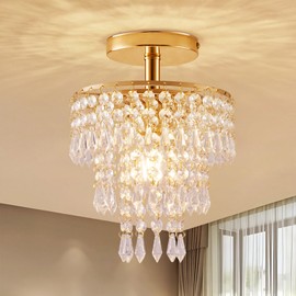 Modern Mini Crystal Chandelier, 3-Tier Raindrops Design Small Chandelier Light Fixture, Flush Mount Ceiling Light Fixture for Bedroom, Hallway, Living Room - E26 Base, Chandelier for Bedroom (Gold)