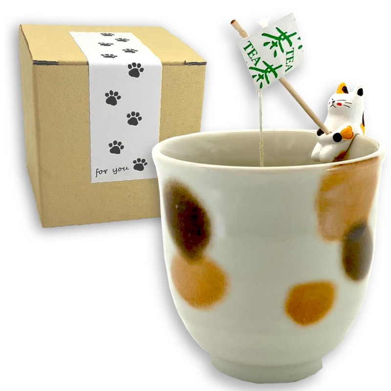 Sometimes Relaxing Mitarashi-chan Cat Figure, Tea Cup Set, Mino Ware,