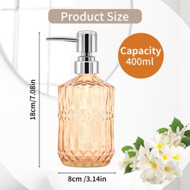 14oz Glass Soap Dispenser - Refillable Hand Soap Dispenser with Stainless Steel Pump, Vintage Diamond Design for Bathroom, Kitchen, Dish Soap, Lotion, and Essential Oils (Orange)
