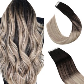 Ugeat Tape in Hair Extensions Human Hair 14inch Blonde Hair Extensions Tape in Natural Hair 50Gram 20Pcs Balayage Hair Extensions Glue in Human Hair Color #1B Black to #18 Blonde with #60 Blonde