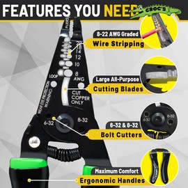 Rack-A-Tiers Croc's Jr. Needle Nose Wire Strippers AWG #8 – #22 Wire Crimper & Stripper, Wire Stripper Cutter, Ergonomic Glow-in-The-Dark Handles, Wire Insulation Stripper (47002)