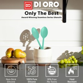 DI ORO Silicone Spoons for Cooking - Large Kitchen Spoons for Mixing, Serving, & Stirring - 600°F Heat-Resistant Non Stick Utensils – Big Solid & Slotted Basting Spoons - Dishwasher Safe (2pc, Mint)