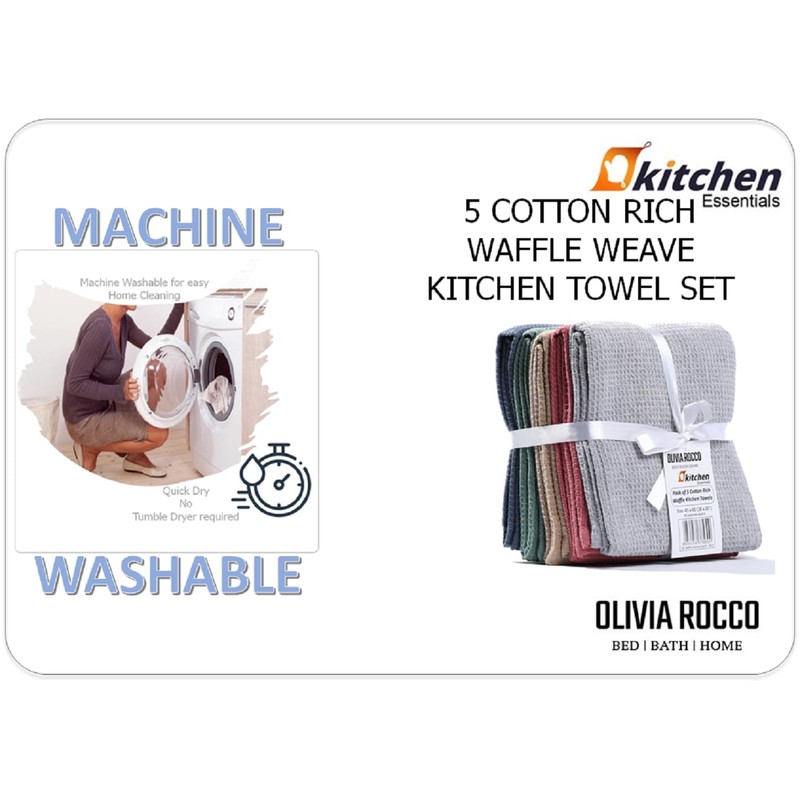 Olivia Rocco Tea Towel Pack of 5 Waffle Kitchen Tea