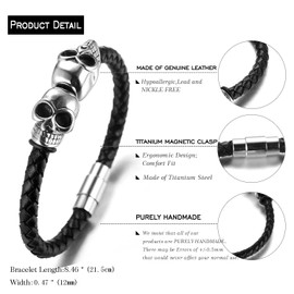 HALUKAKAH ● Assassin ● Men's Genuine Leather Bracelet with Titanium Skull Heads Magnetic Clasp 8.46"/21.5cm(Silver)