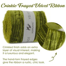 HUIHUANG Olive Green Velvet Ribbon 3" with Frayed Fringe, Christmas Green Velvet Ribbon Crinkled Silk Velvet Ribbon for Wreaths, Tree Decor, Garland, Flower Bouquet, Gift Wrapping, Wedding Decor